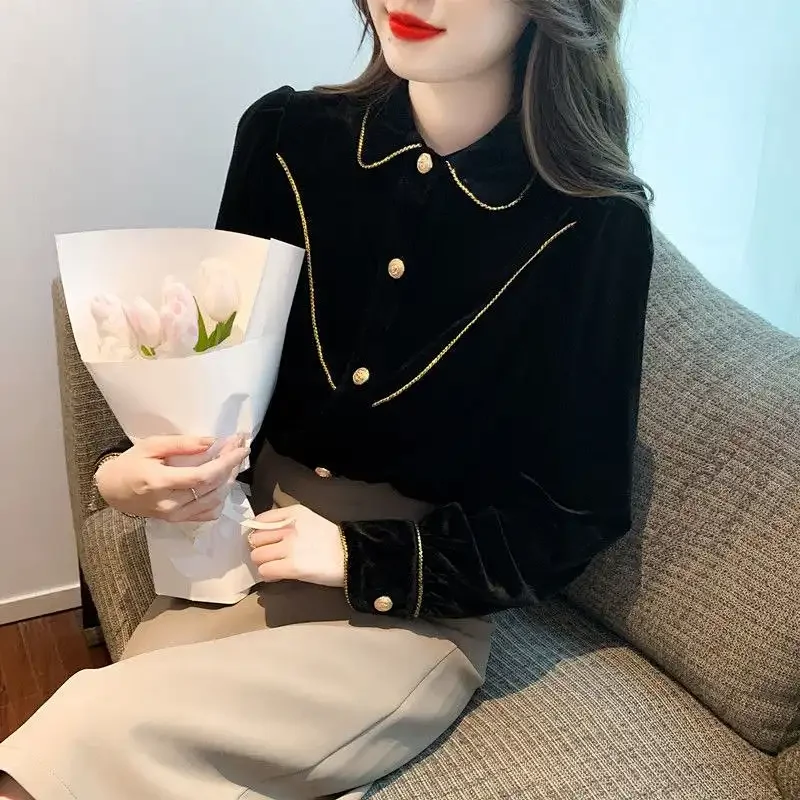 Elegant Women Shirt With Peter Pan Collar And Gold Trim Detail For Office Wear In Autumn Winter Season
