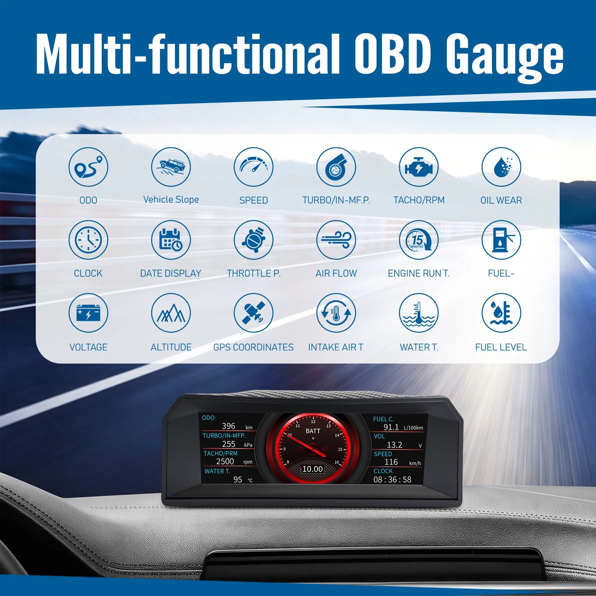 OBD+GPS Dual System Smart Monitor Speed Gauge With Overspeed Alarm Voltage Water Temperature Gear Shift Reminder Car Gauge