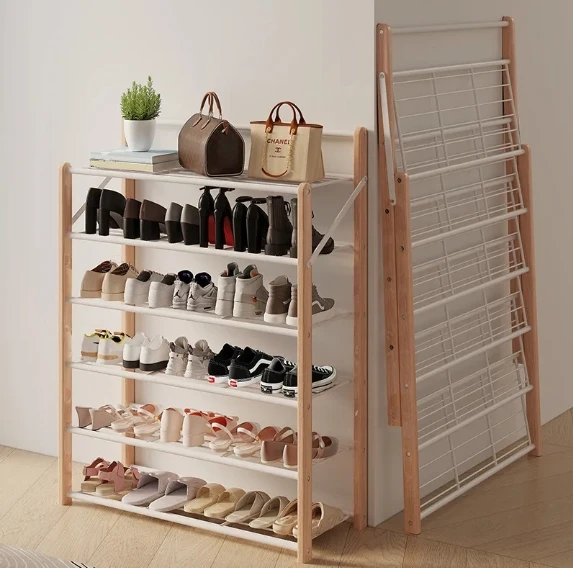 *Folding Shoe Rack Multi-layer Home Door Free Installation Foldable Shoe Rack Widened Rental House Solid Wood Shoe Storage