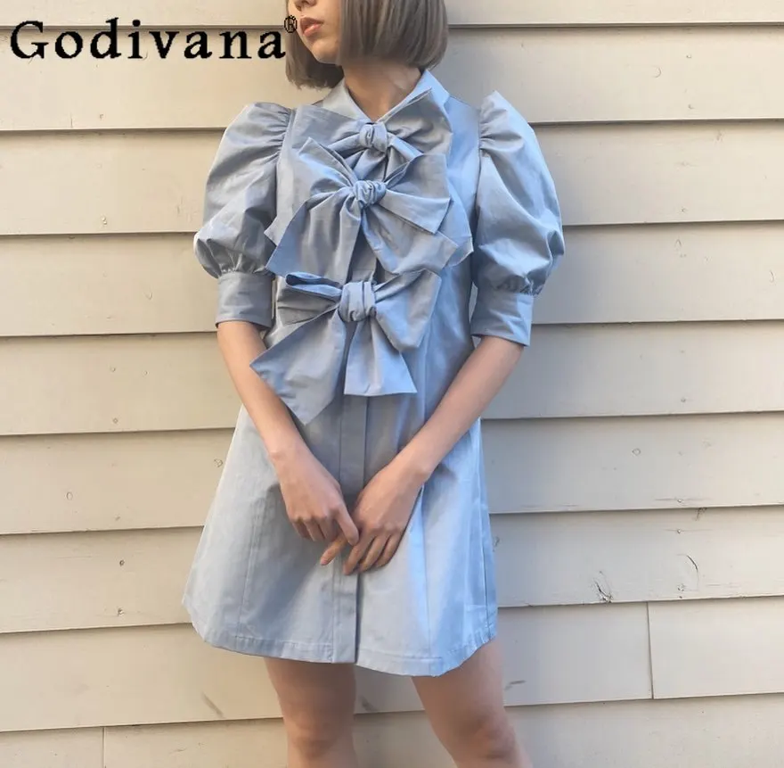 

Japanese Sweet Bow Puff Long-sleeved Shirt Women's Spring and Summer Sweet Fashion A-line Dress Lady Casual Solid Color Tops