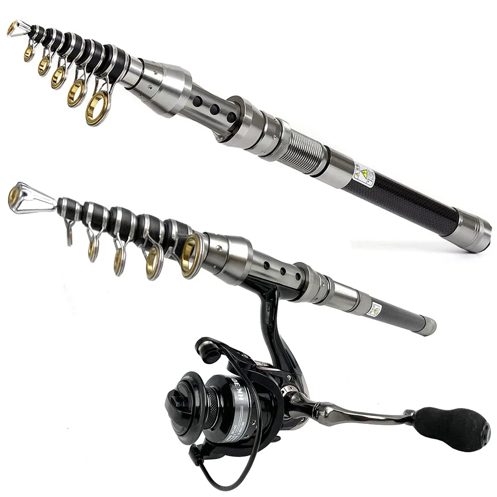 Carbon Fiber Spinning Sea Fishing Rod and Reel Full Kits 1.5-2.4m Telescopic Carp Feeder Pole 5.2:1 Metal Spool with Braid Line