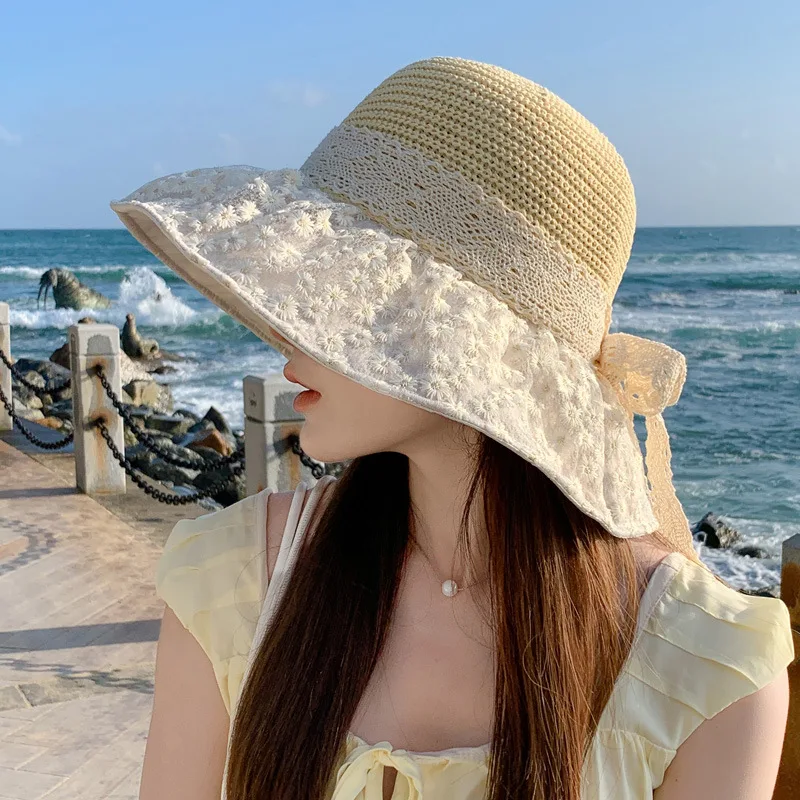 

Korean summer new style women's hat, sweet mesh floral fisherman hat with lace ribbon bow sunshade hat