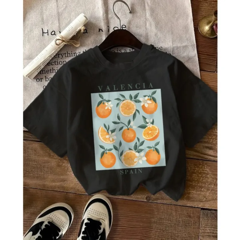 Pure Cotton Summer Women's T-shirts Trend Print Orange Casual Cute Round Neck Clothes For Women Study Street Aesthetic Top