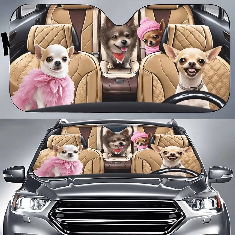 Three Chihuahuas In Back Seat Car Windshield Sunshade Foldable Sun Visor Car Interior Decoration Gift