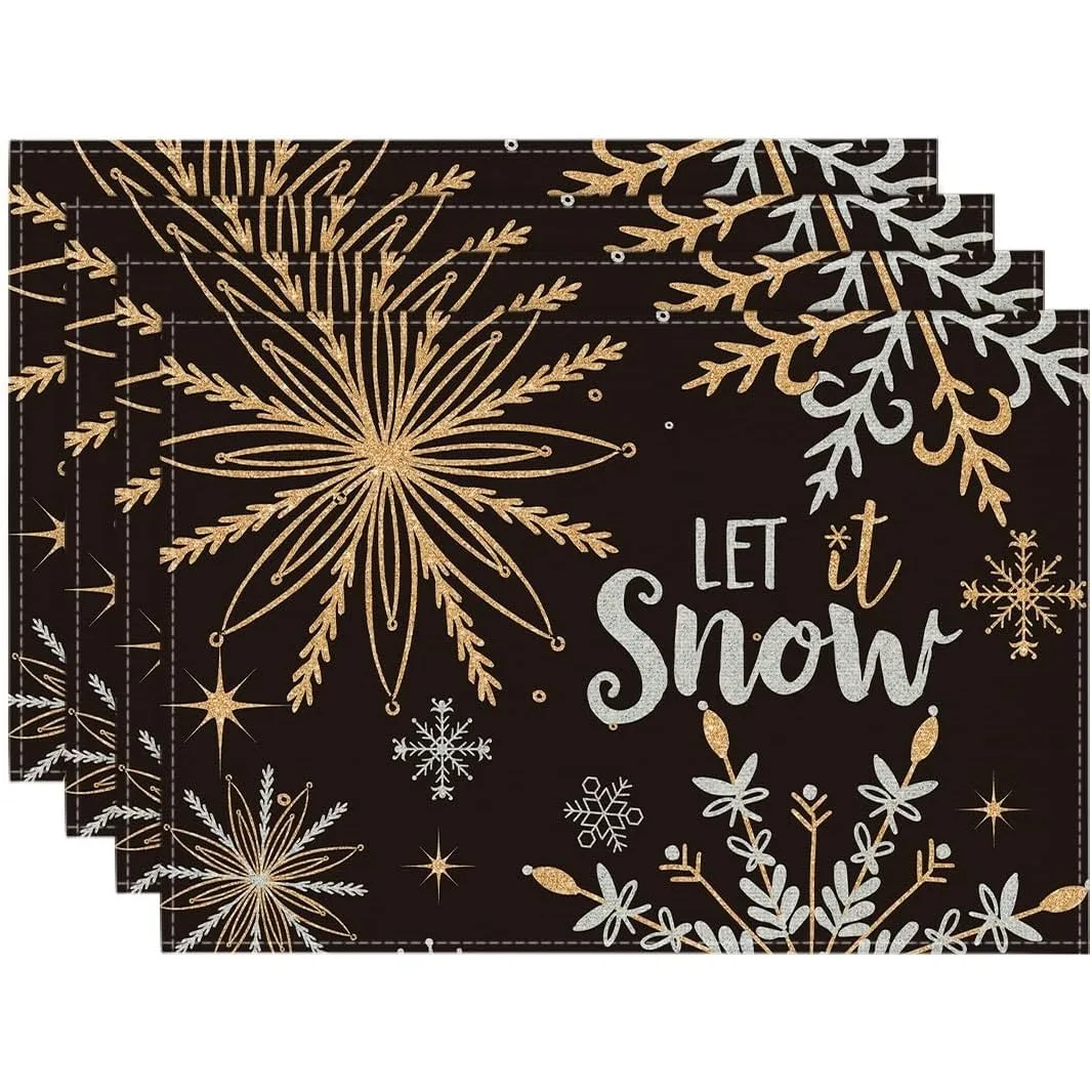 Black Snowflake Let It Snow Winter Placemats Set of 4 12x18 Inch Seasonal Christmas Table Mats for Party Dining Decoration