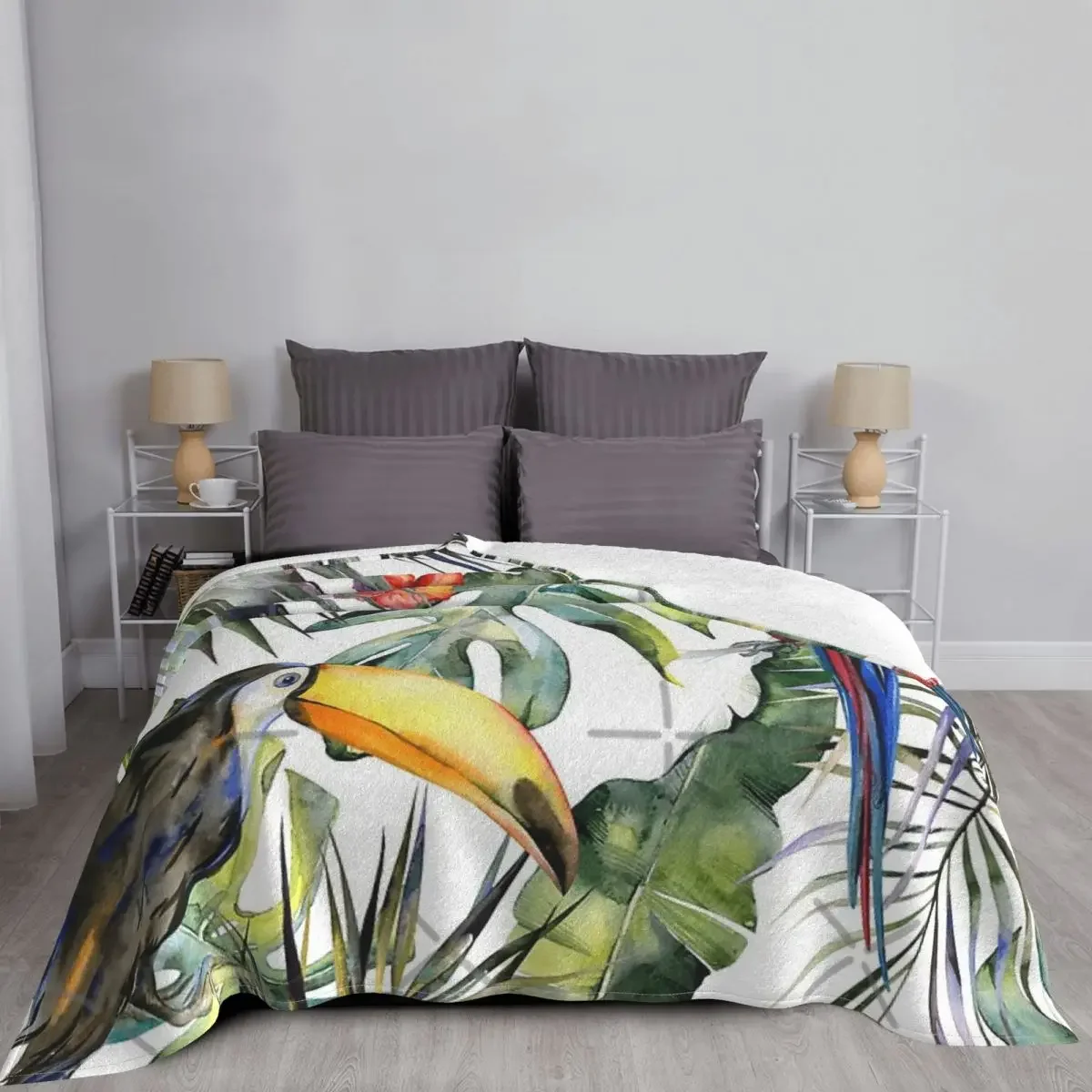 Tropical Jungle Throw Blanket, Palm Trees Toucan and Bird Decorative Soft Warm Cozy Flannel Plush Blankets for Baby Toddler