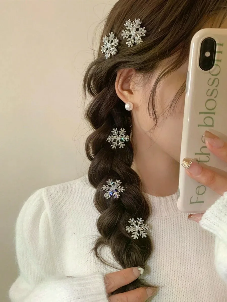 6/10/20pcs Women Silver Snowflake Faux Pearl Hair Clips Winter Hair Accessories Rhinestone Small Claw Clips Bangs Clips Sweet Elegant Daily Wear Hair Clips, Snowflake Hair Accessories, New Year Essential Hair Claws Hair Barrettes, Christmas,Looks Of Party