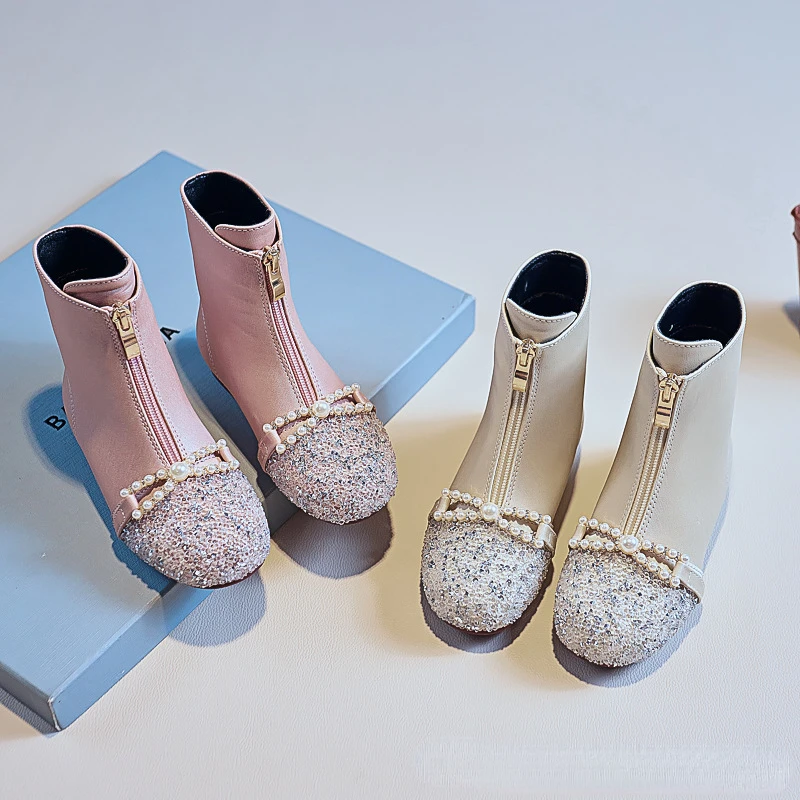 Bottes de princesse en cuir avec biscuits et perles pour fille, chaussures élégantes pour enfant en bas âge, à la mode, nouvelle collection automne hiver 2023