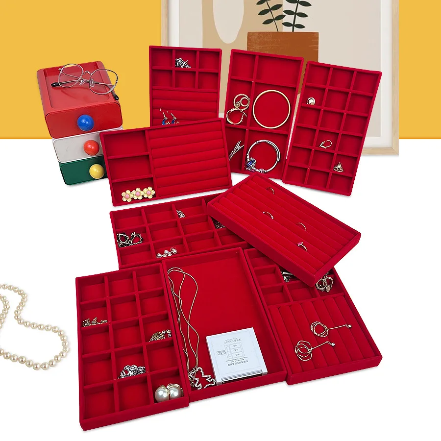 Red Velvet Jewelry Tray Multi Grids Drawer Insert Organizer Ring Earring Necklace Bracelet Storage Display Tray 10 Styles