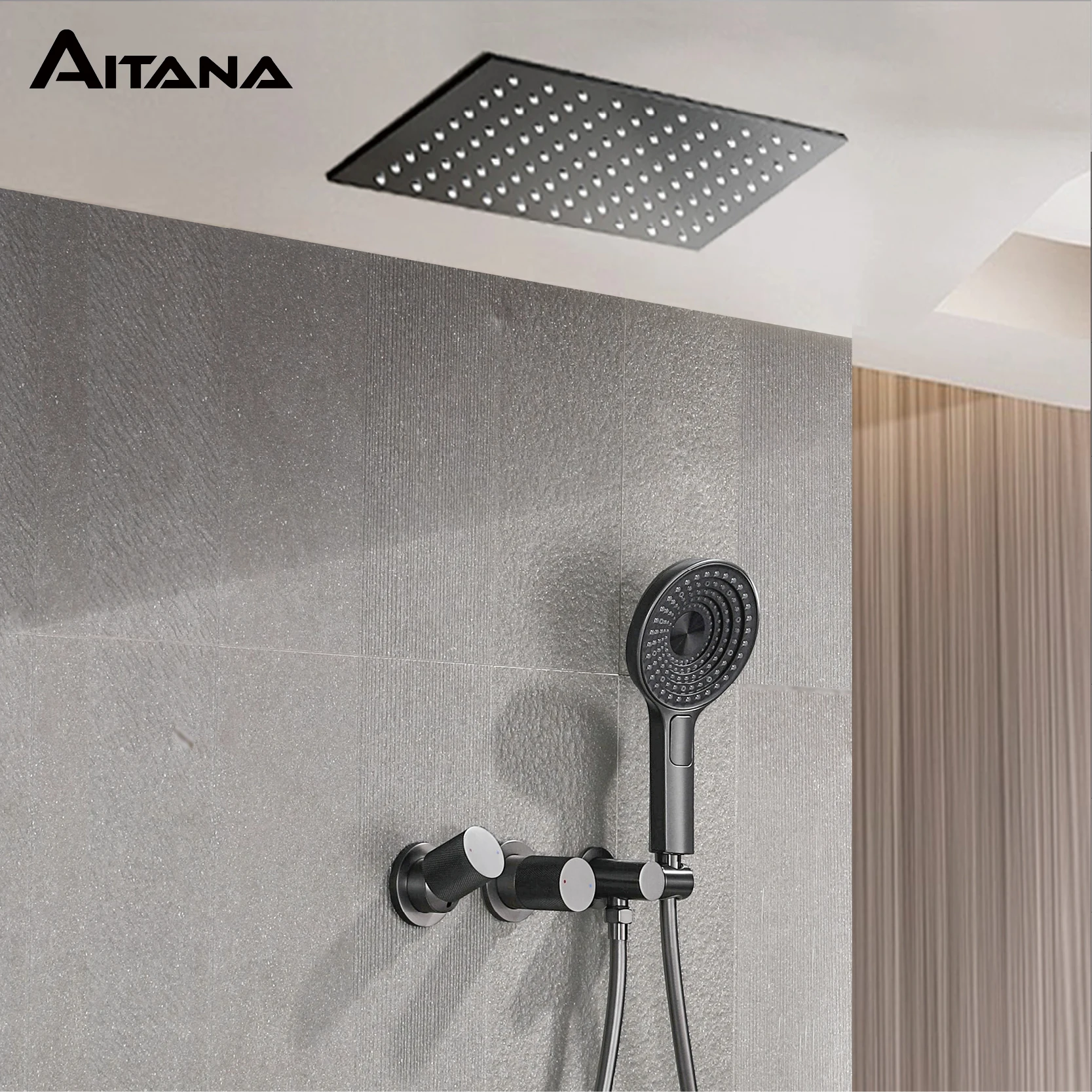 

AITANA Minimalist Gun Grey Brass Ceiling Shower System Hidden Embedded Dual Handle Cold and Hot Water 2-Function Bathroom Mixer