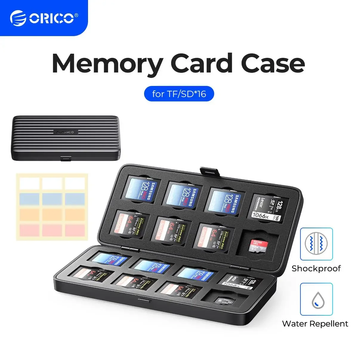 ORICO 마이크로 SD 카드 홀더 메모리 카드 보관 케이스 보호기, SD/ CF/마이크로 SD /SSD 충격 방지 카드 정리함, 16 슬롯