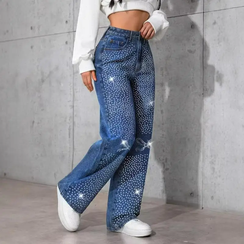 Women Diamonds Spliced Jeans Elegant Casual High Waist Denim Pants Solid Pockets Button Pant Washed Slight Strech Autumn Winter