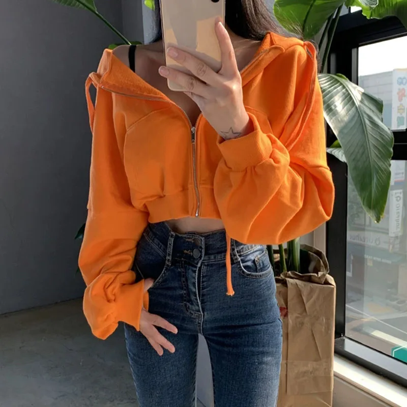 

Autumn Winter Short Sweatshirt for Women Solid Hooded Sports Zipper Cropped Jacket Woman Fashion High Waist Loose-Fit Hoodies