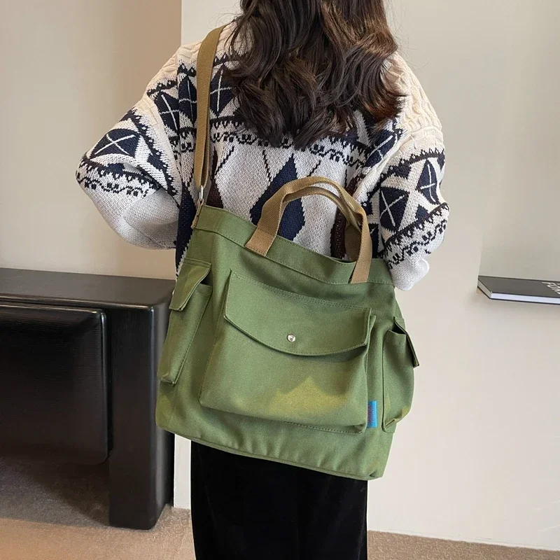 

Canvas Large Capacity Casual Crossbody Bags Versatile Basic Style Soft Commuting Sewing Thread Women's Handbags Green