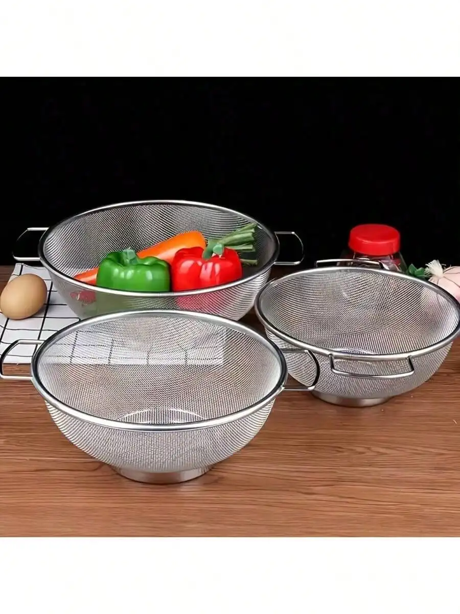 3pcs Stainless Steel Strainer Set With Handle Fine Mesh Metal Screen For Pasta, Vegetables, Rice, Fruits And Food Kitchen Sprayer, Strainer Basket Kitchen Rice Wash Dish Bowl, Kitchen Supplies SH25071897629956407