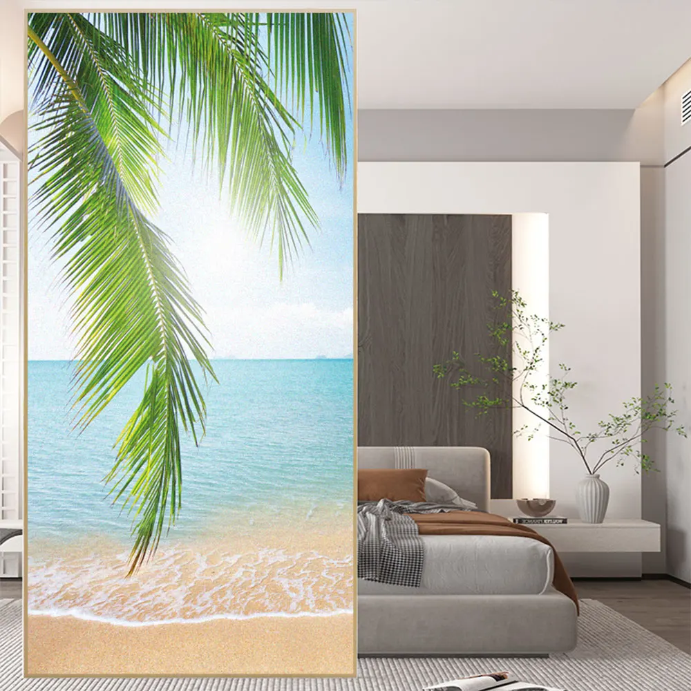 

Privacy Window Film Anti-UV Heat Control Static Cling Frosted Blue Seaside Pattern Decorative Glass Window Sticker