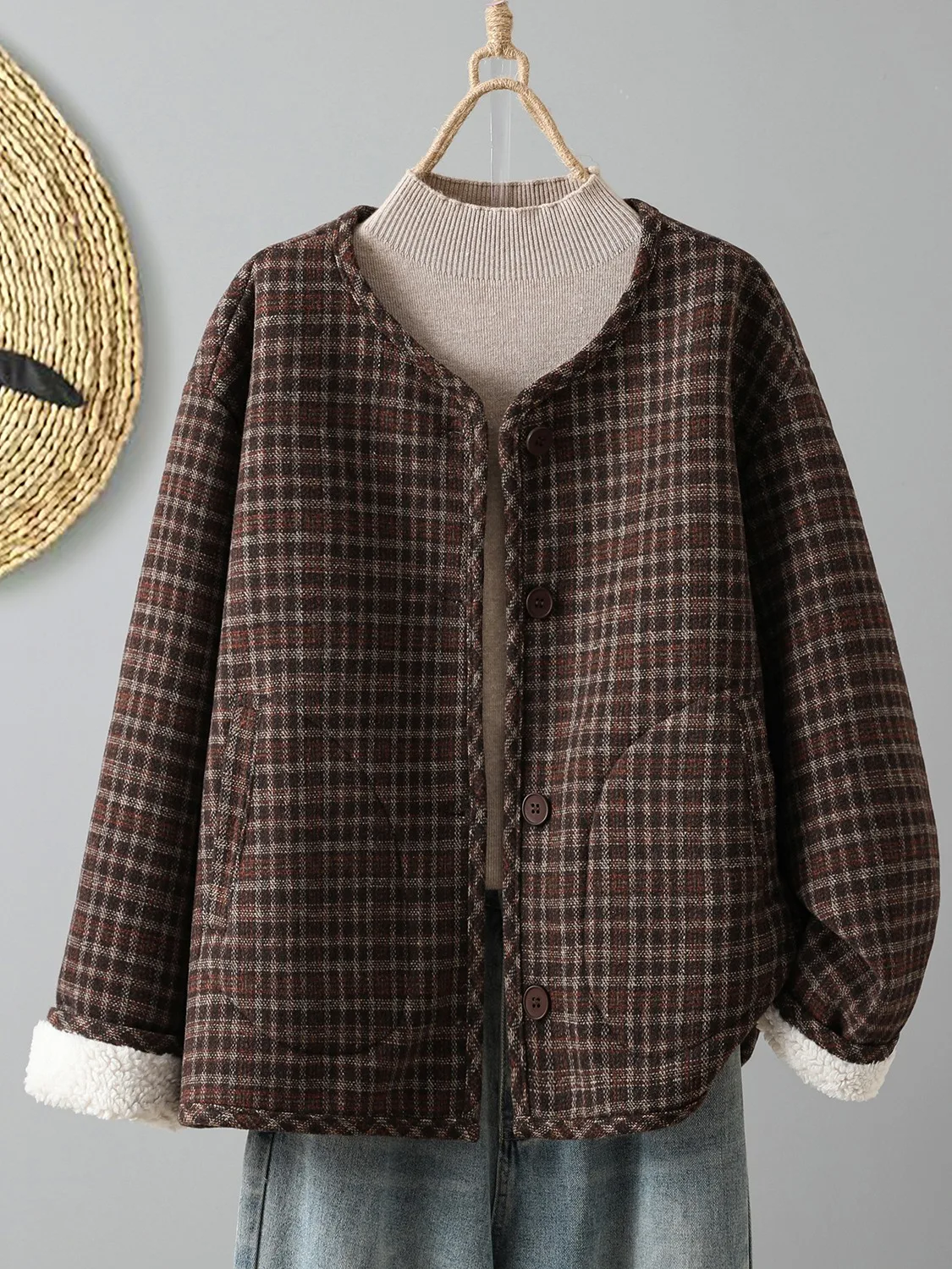 

Thiened Fce Woolen Plaid Lapel Cotton Jaet Women's Winter Small Size Cold Resistance Warmth Youth Casual Cotton Coat