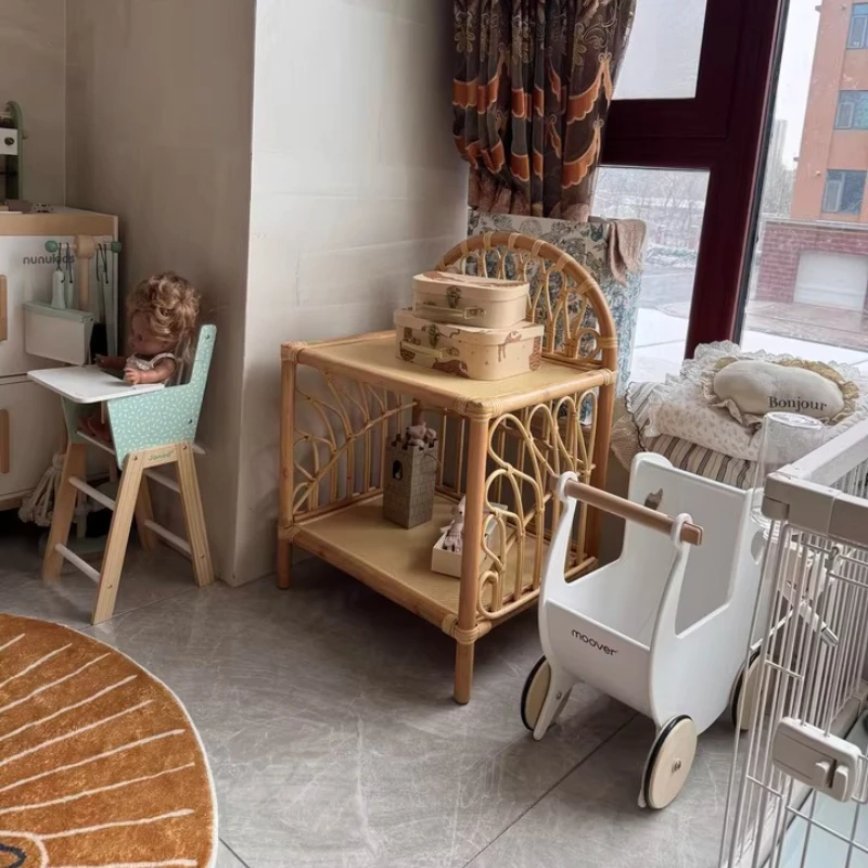 Rattan Side Table with Storage Shelf Minimalist End Table for Living Room Mobile Wicker Coffee Desk Natural Handwoven Nightstand