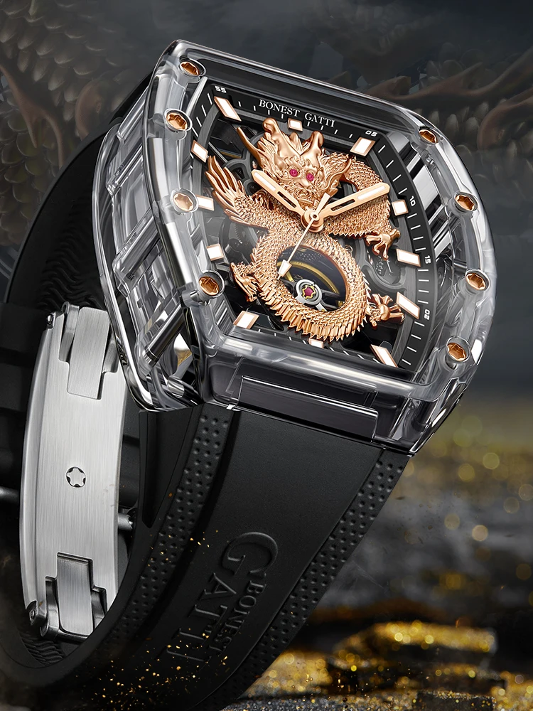 BONEST GATTI Men Automatic Watch Tonneau Mechanical Wristwatch Crystal Case Sapphire Luminous Fluororubber Strap Dragon Dial