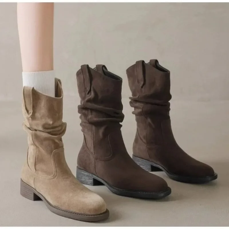 

Роскошные женские плиссированные ботильоны на высоком каблуке, осенние новые коричневые ковбойские сапоги с острым носком, женские туфли из искусственной кожи, большие размеры 42
