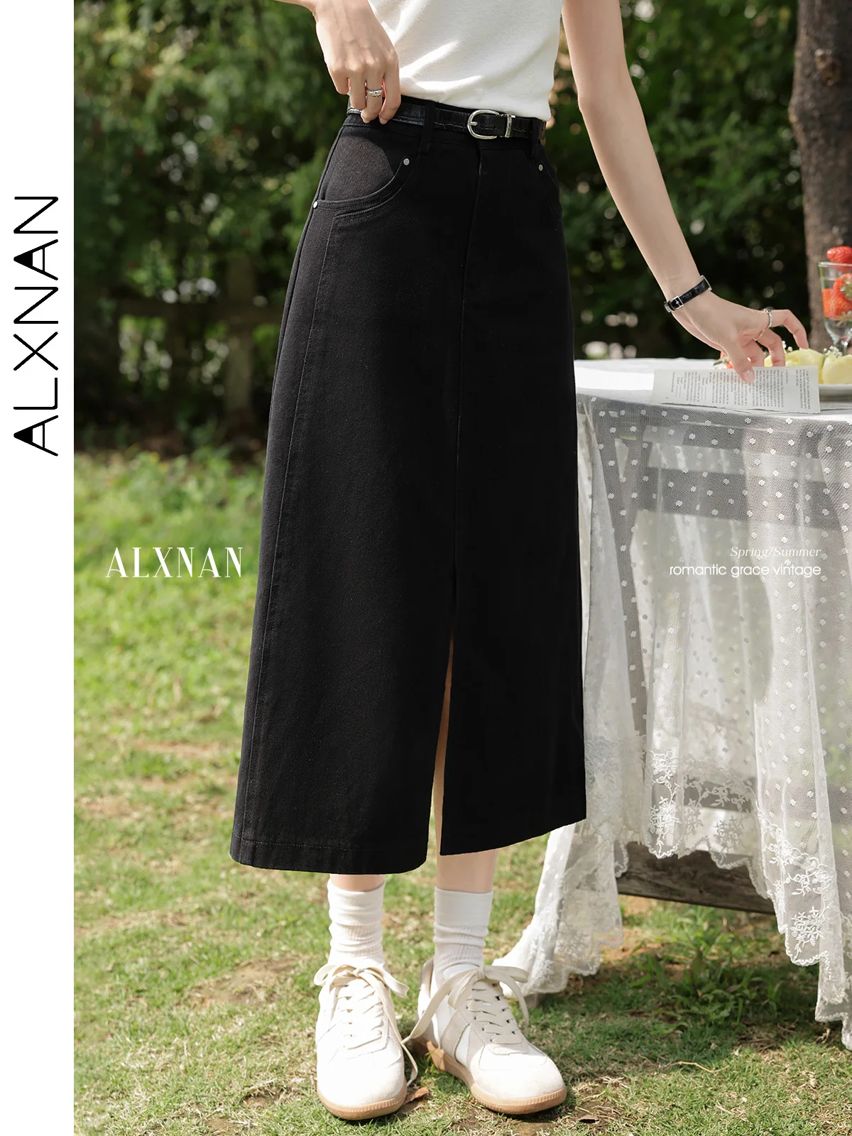 

ALXNAN Women's Skirt Elegant Black Long A-line Denim Skirt 2025 Summer Front Slit Casual Loose-fit Midi Ladies Clothing L53968-1