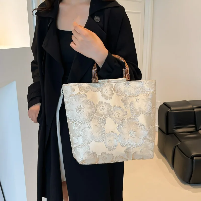 Chinese Style Canvas Jacquard Tote Bag Bamboo Joint Handheld Large Capacity Handbag Cheongsam Accessories Zipper Closure
