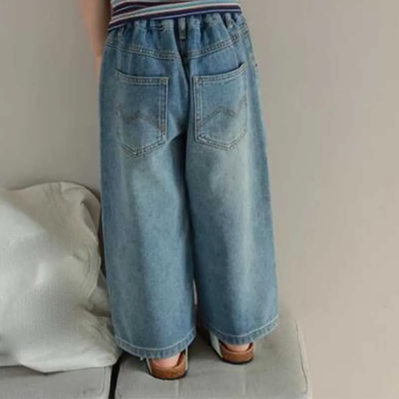 Spring and Autumn Girls' Pants Loose Multi Pocket Elastic Waist Jeans Wide Leg Pants 2025 Summer New Fashion Children's Clothing