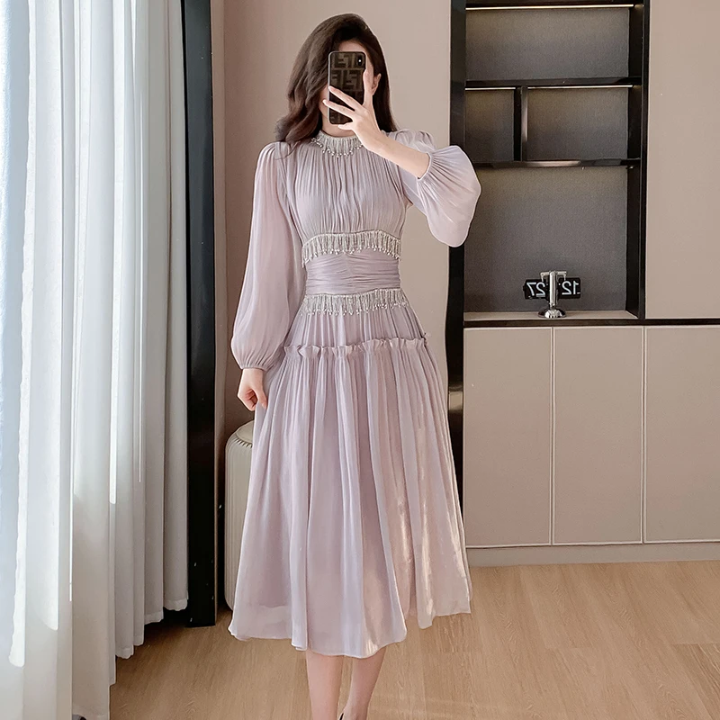 French Designer Fashion Women Organza Stand Collar Party Dress Luxury Spring Diamonds Tassel Ruffles Puff Sleeve Slim Midi Dress