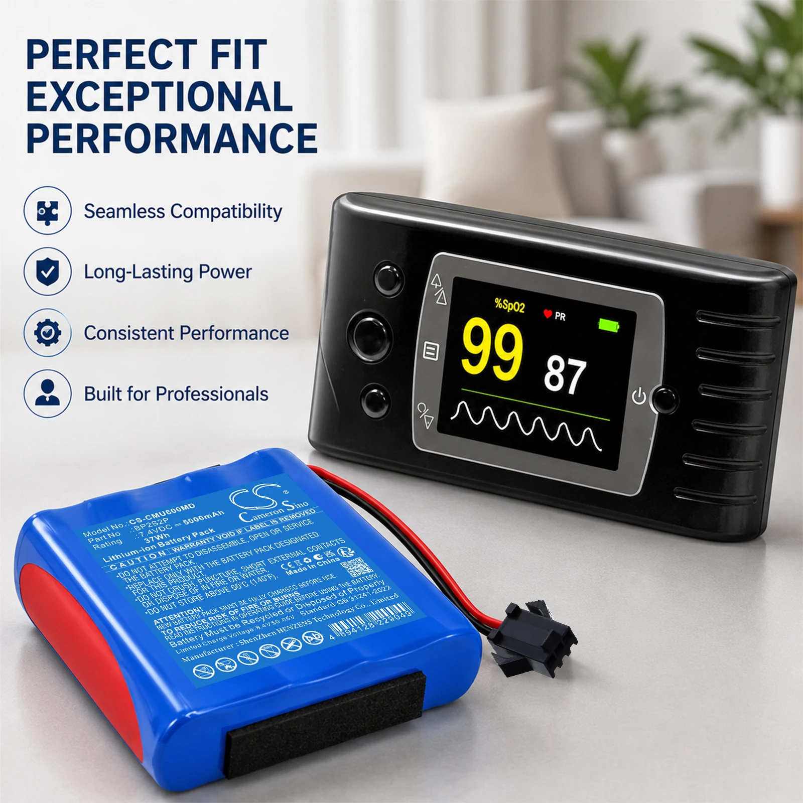 Replacement 7.4V 5000mAh Medical Battery for CONTEC CMS-60C Handheld Pulse Oximeter, CMS800, CMS900 Patient Monitor, CMS600P2
