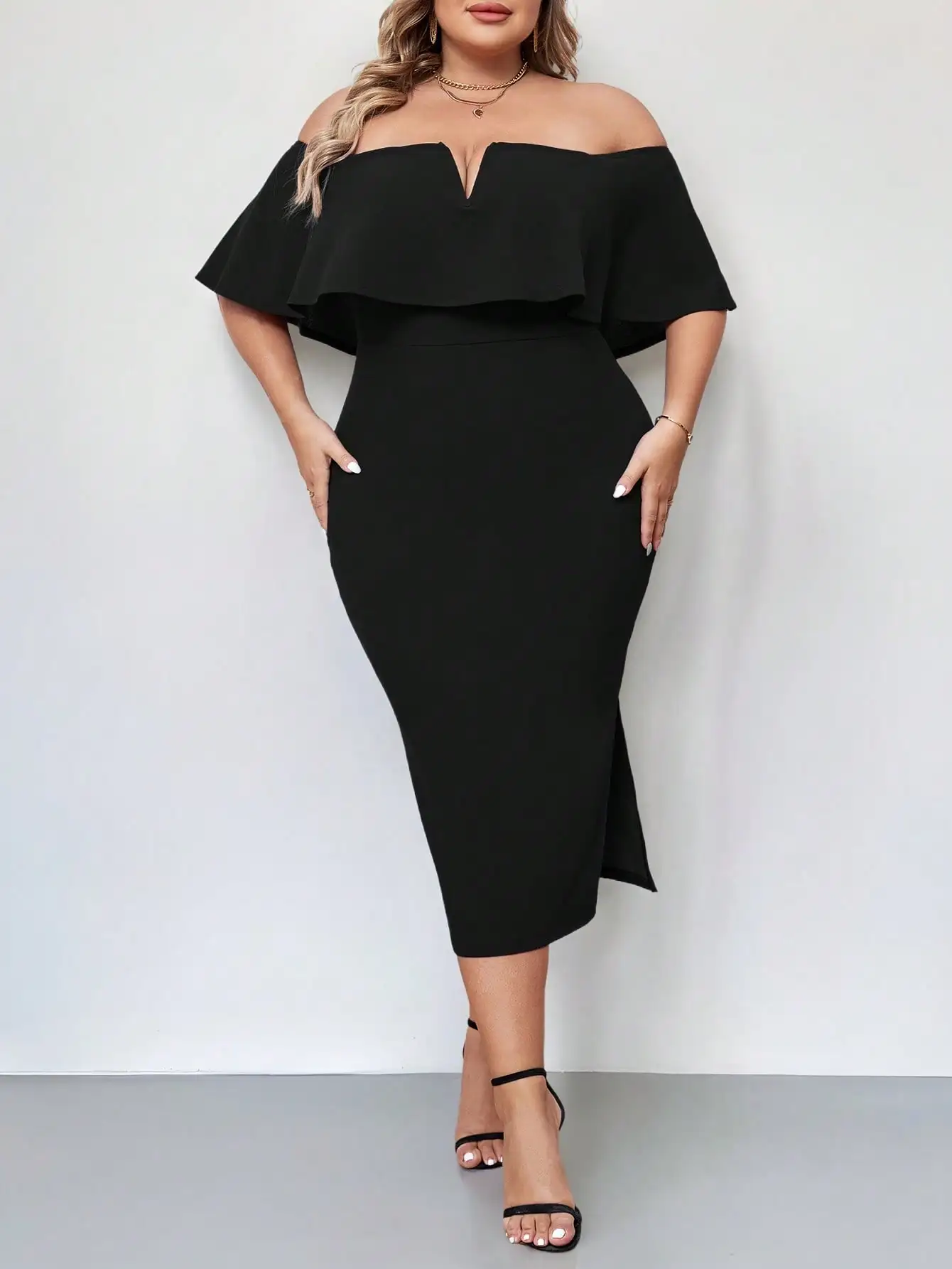 

Plus Size Women's Elegant Black Off-Shoulder Ruffle Dress Midi Length