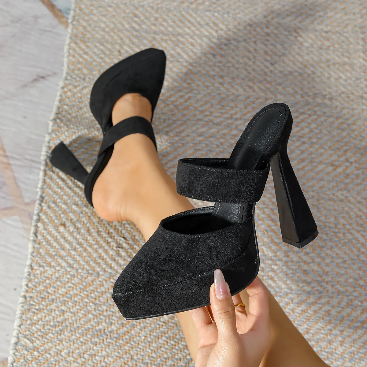 

Suede black ultra-high heel chunky heel platform slip-on solid color women's high-heeled sandals
