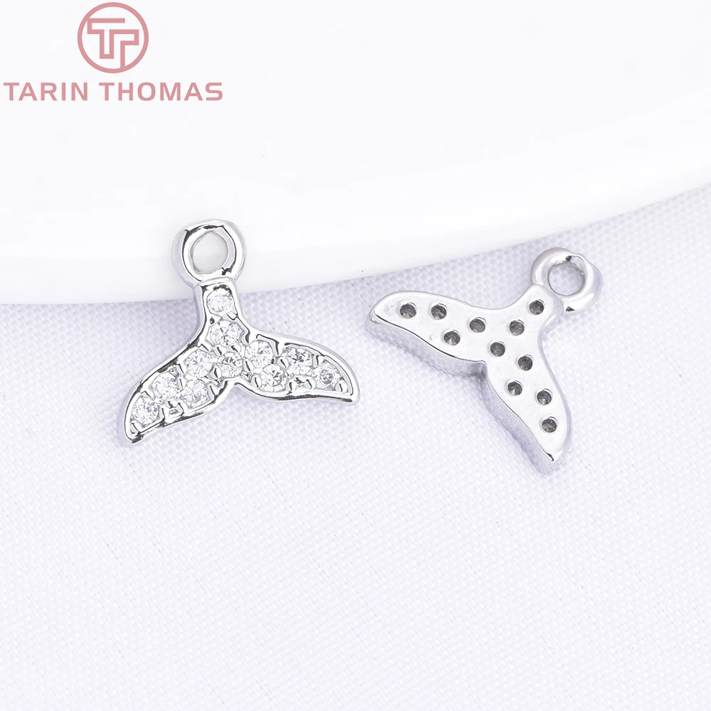 (10494) 6PCS 9.5x8.5MM Platinum Color Brass with Zircon Fish Tail Pendants High Quality DIY Jewelry Making Findings Accessories