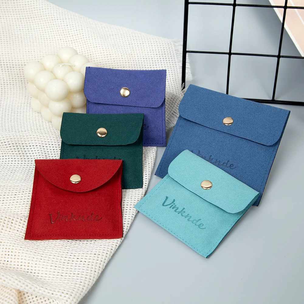 

6x6cm Custom Logo Mini Envelope Jewelry Bag Snap Button Closure Luxury Microfiber Velvet Jewelry Necklace Earring Ring Gift Sack