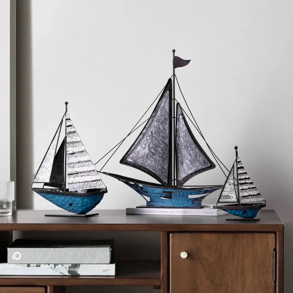 

u11 Metal Handicrafts Realistic Retro Sailboat Ornaments Handmade Statue Tabletop Boat Arrangement Home Decoration Accessorie
