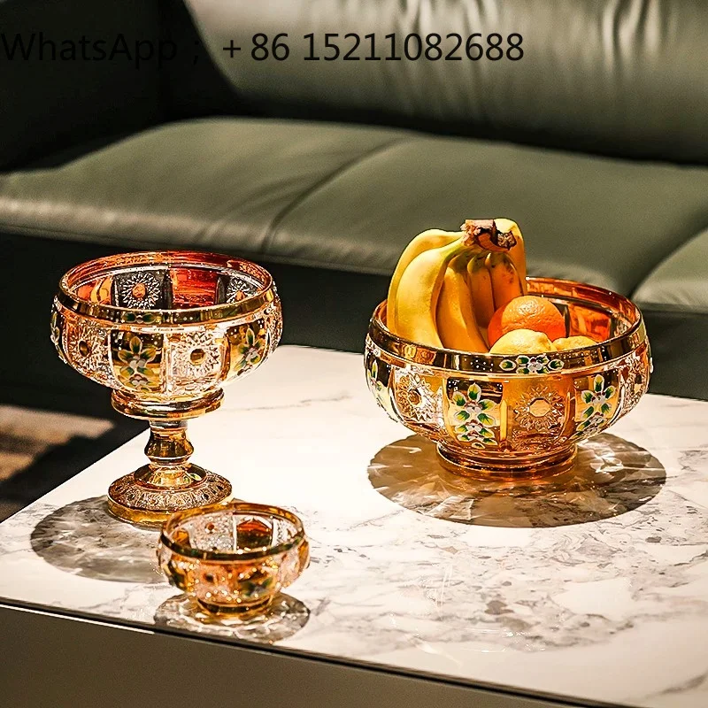 LLY Enamel Gold Plated Decal Fruit Plate Craft Crystal Glass Tall Dried Fruit Snack Fruit Cup