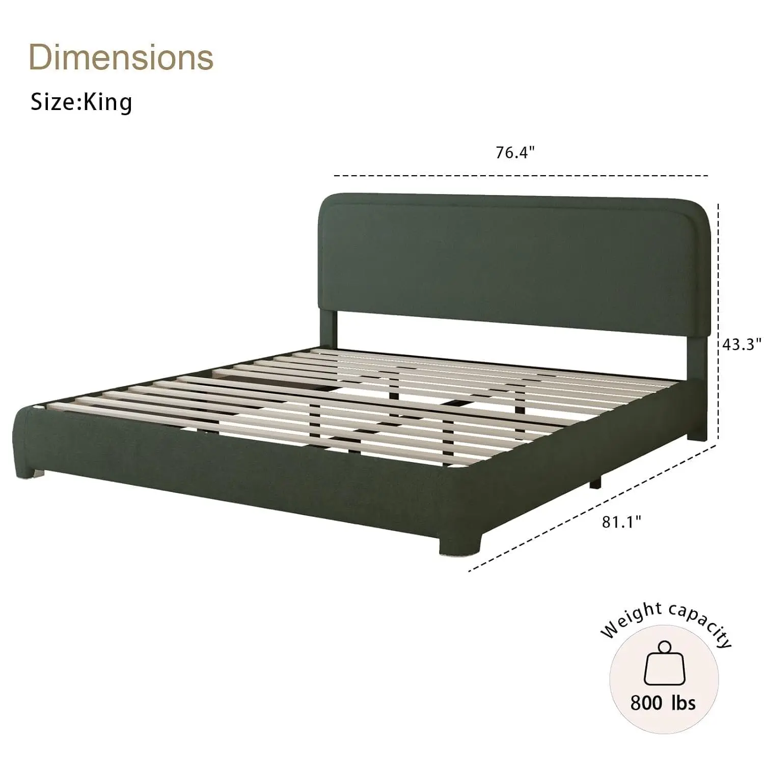 Boucle Upholstered King Bed Frame With Rounded Cloud Headboard, Green, Customized