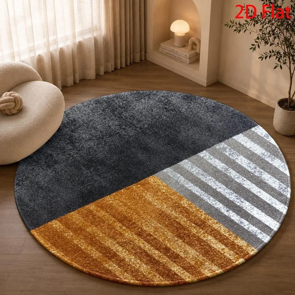 Mid‑Century Modern Round Carpet Burnt Orange Black Cream Block Striped Arc Textured Print Circular Floor Rug for Living Room