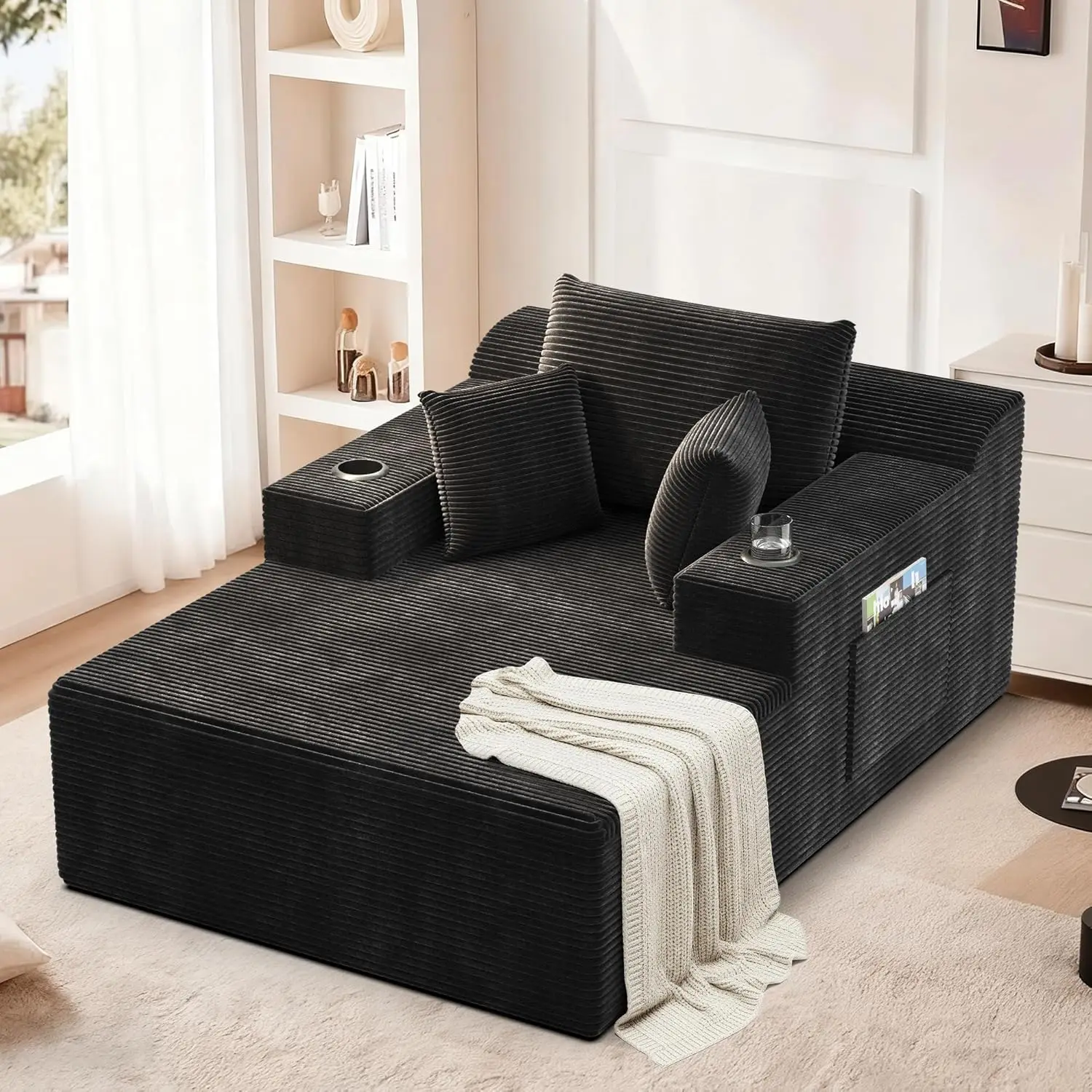 

67 Inches Chaise Lounge Chair Indoor, Oversized Boneless Couch with 3 Throw Pillows and Armrests, Corduroy Upholstered Plush Sof