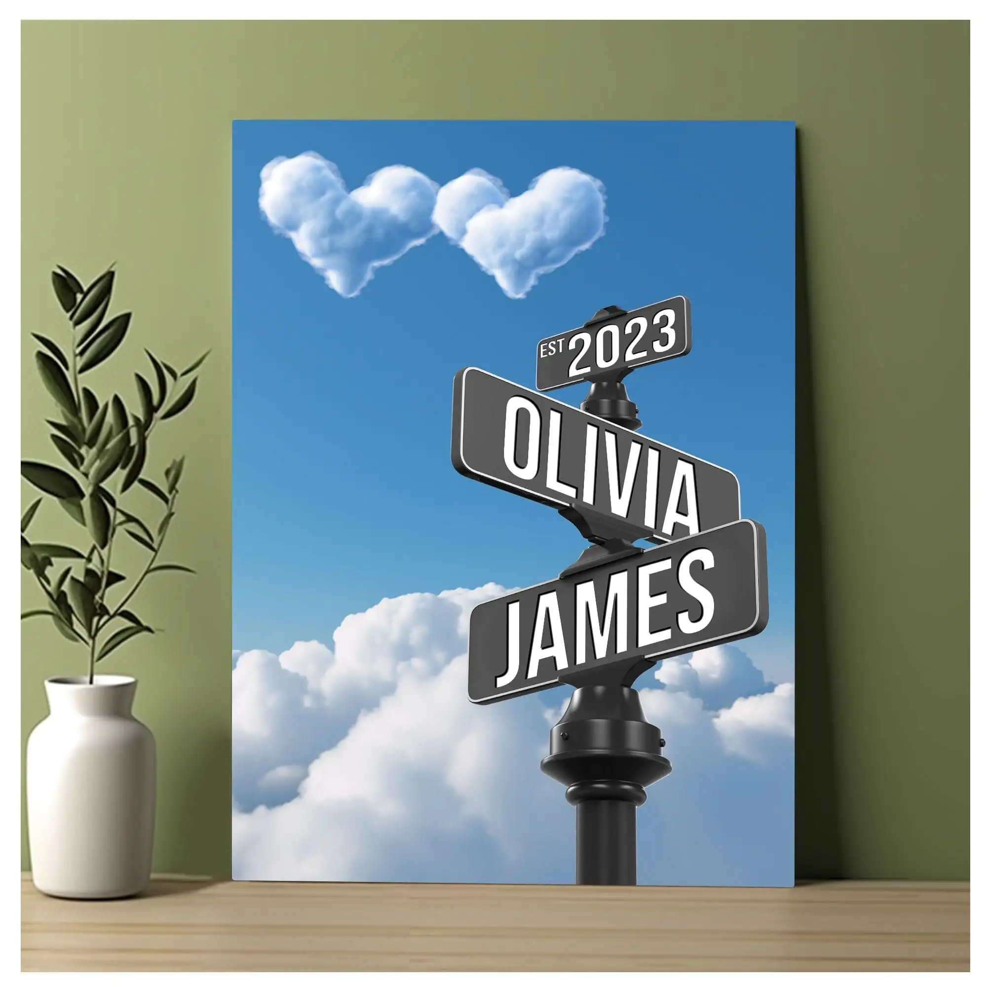 Custom Name and Date Vintage Street Sign Canvas Print And Poster Print, Personalized Name Intersection Sign Wall Art Gift For Сo