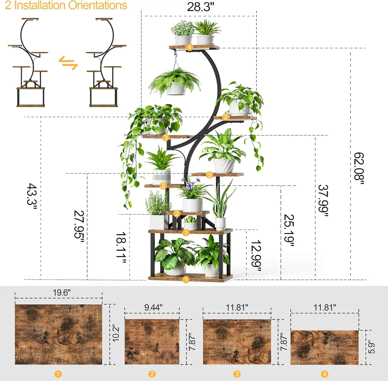 Interior com luzes de cultivo, prateleira de plantas interna de 8 camadas, suporte de plantas de 62 "de altura para plantas de interior múltiplas, suporte de flores de plantas de metal