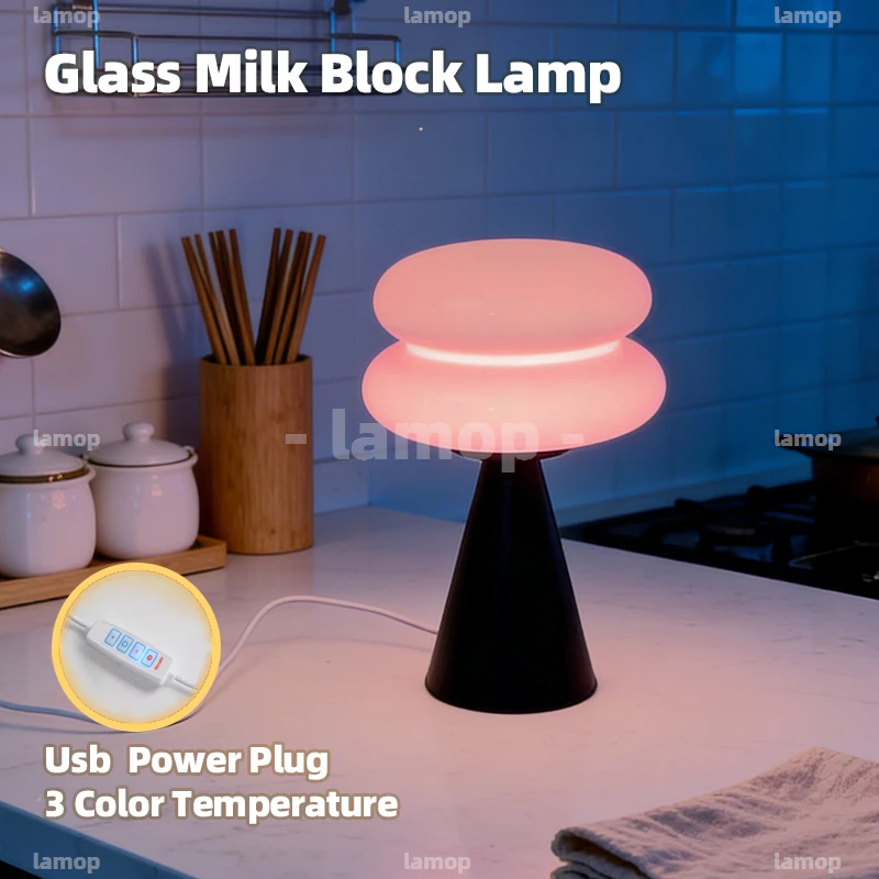 Stacked‑Ring Flat‑Block Glass Table Lamp American Casual 3‑Level Dimmable USB Powered Home Furnishing Table Lamp for Teen Room