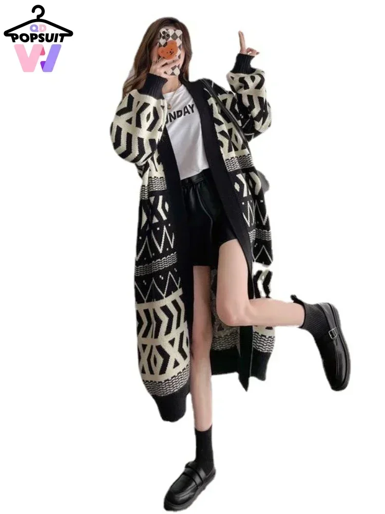 New in Autumn Women Clothing Sweater Plaid Cardigan Elegance Knitted Loose Over-size Long Sleeve Abstract Pattern Striped Coats