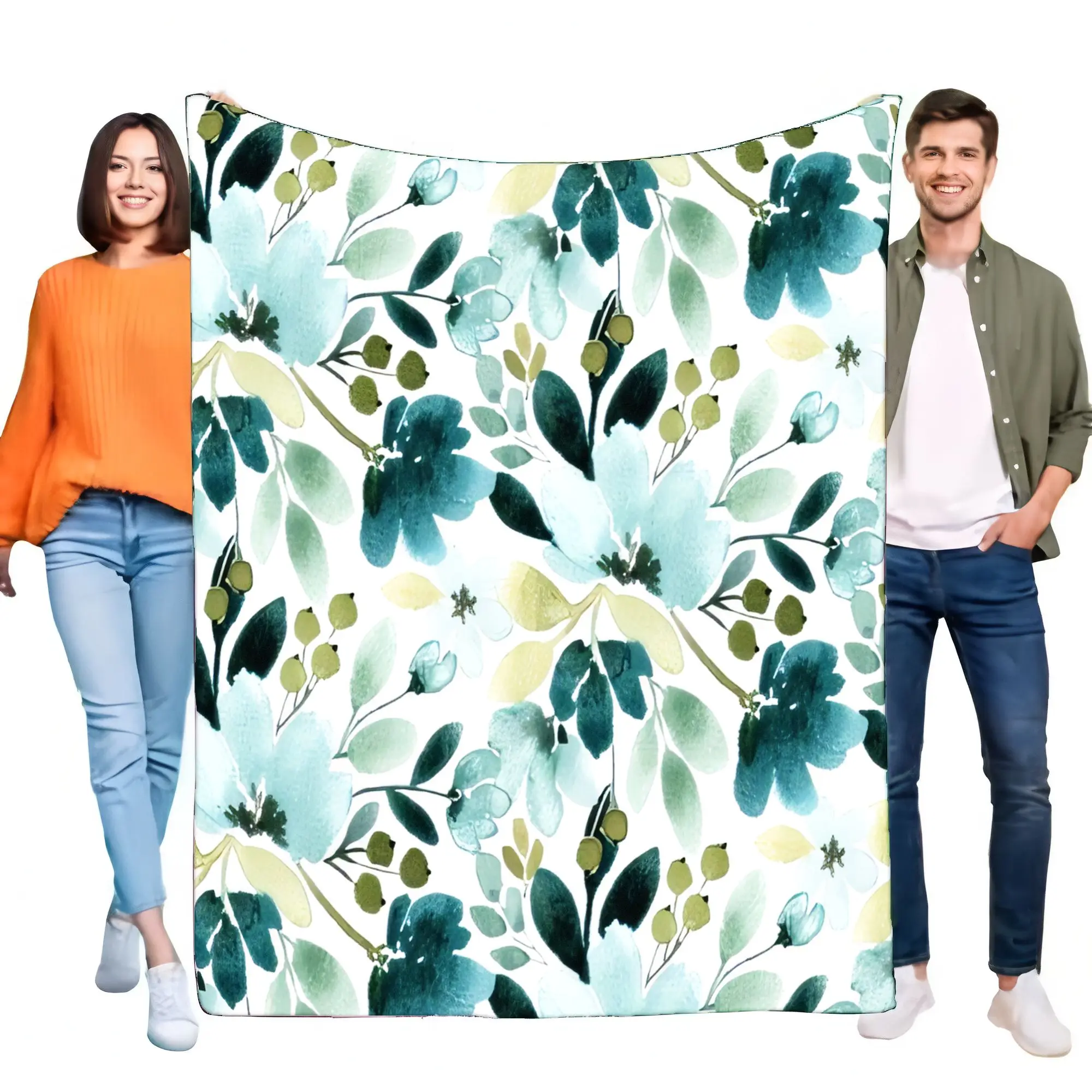 Soft Cozy Blue Green Watercolor Floral Blanket Plush Lightweight Throw for Bed Sofa Couch Home Decor Gift for Adults