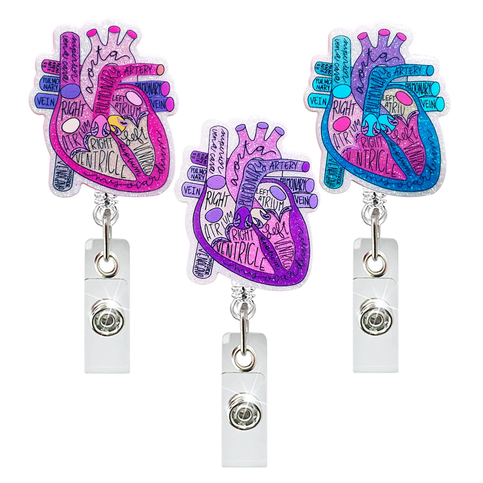 Custom Badge Reel Medical Series Heart Glitter Acrylic Nurse Doctor Badge Holder For Nurse Accessories Scrub Life With Clip