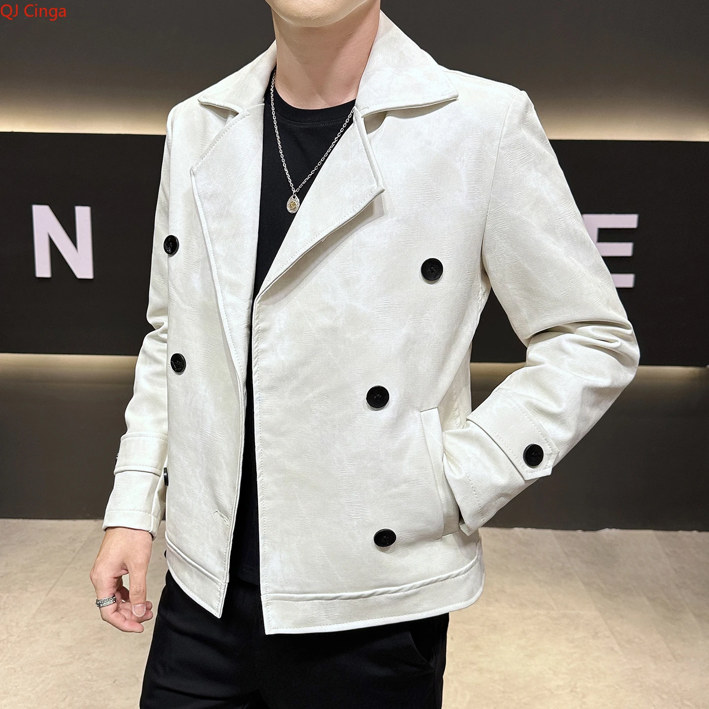 2026 Men's Light Blue Double-breasted Lapel Jacket, Beige PU-coated Coats, Coffee-brown Fashion-fit Top. (Asian Sizes M-3XL)