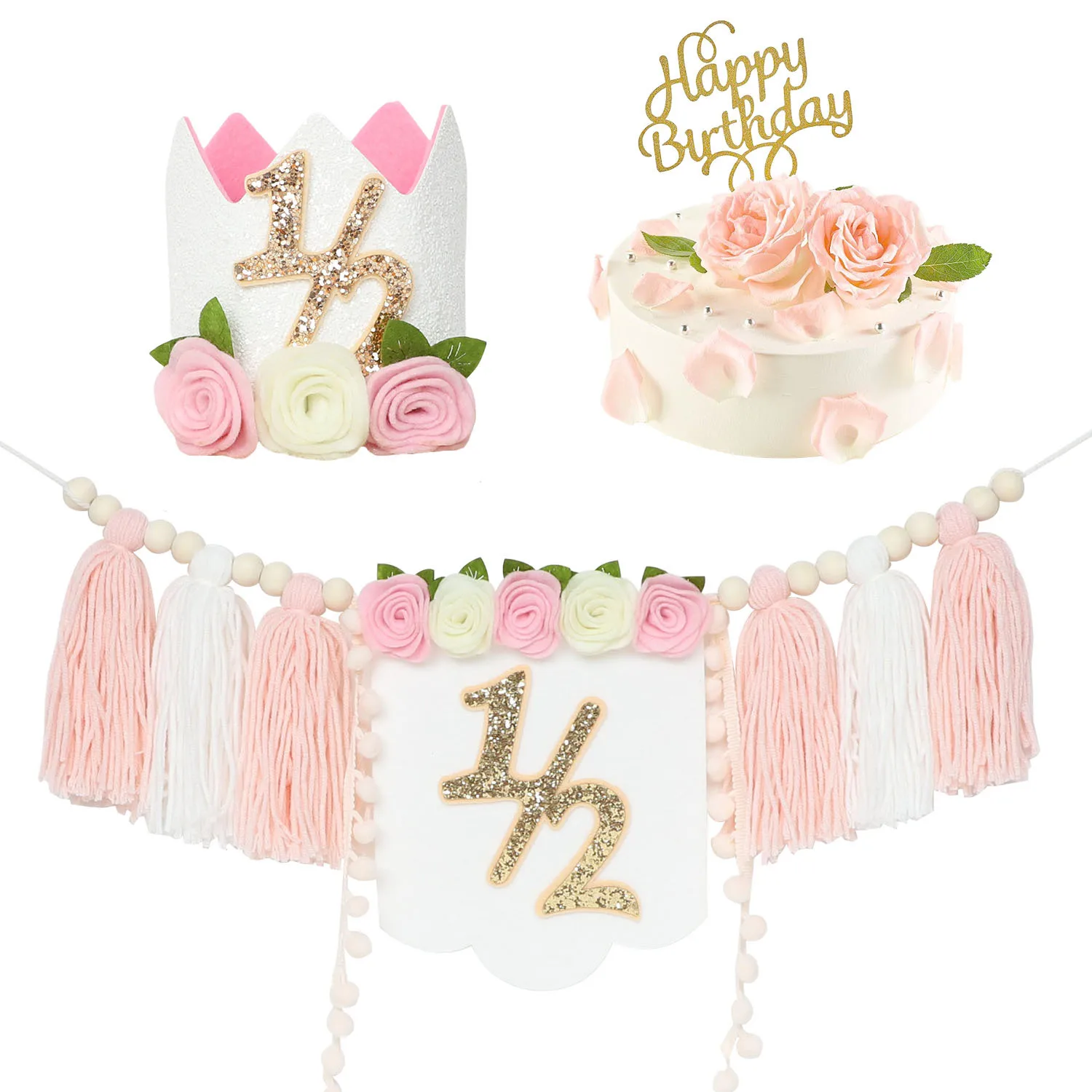 

Pink Flower Floarl Half Birthday High Chair Banner Party Decoration for Girl Baby Shower Wall Hanging Boho Home Decor