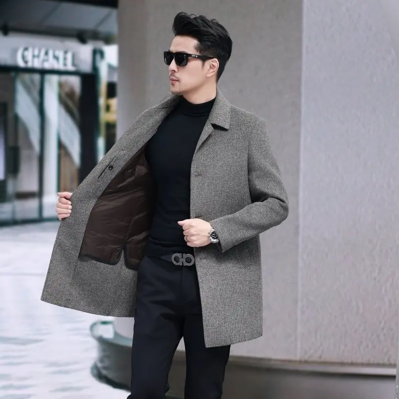 High Quality 85% Cashmere Coat Men Loose Trenchcoat Midium Thick Warm Down Linner Jackets Double-sided Wool Coat Abrigos Hombre