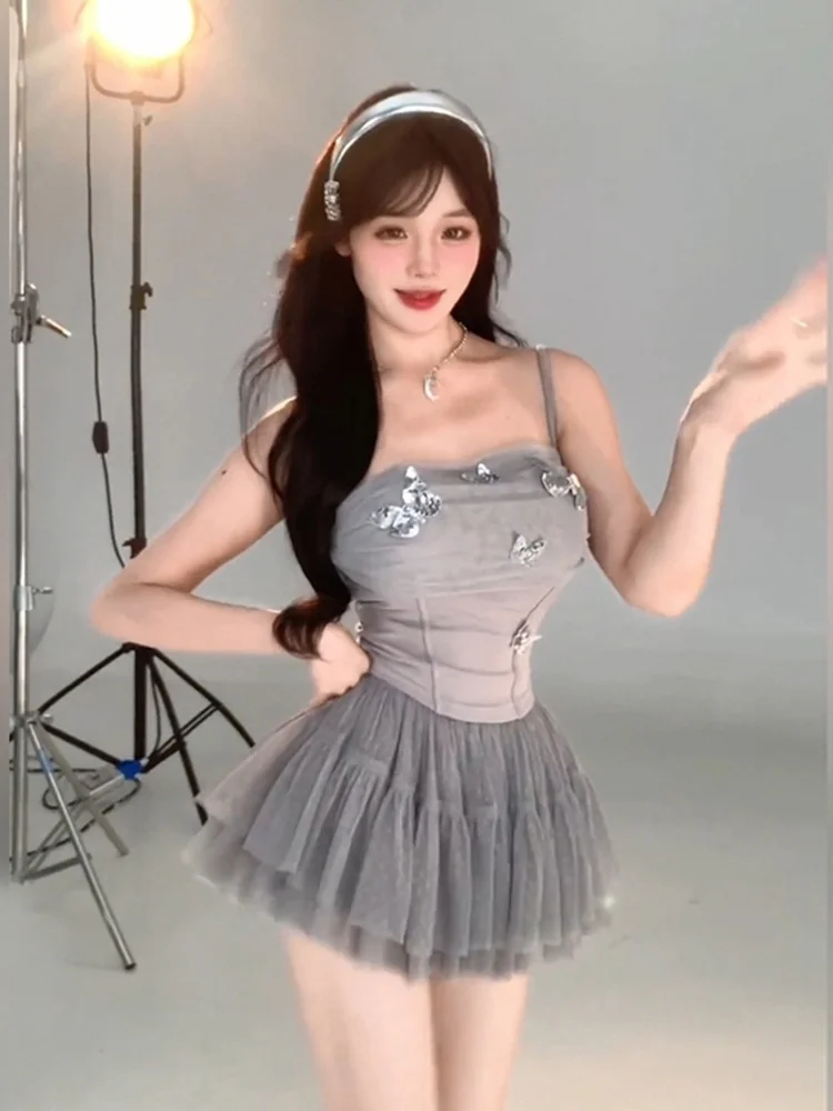 Sexy Sparkling Sequin Strap Vest Top And High Waist Puffy Skirt Set Women's Summer Fashion Outfit Short Sleeve round Neck