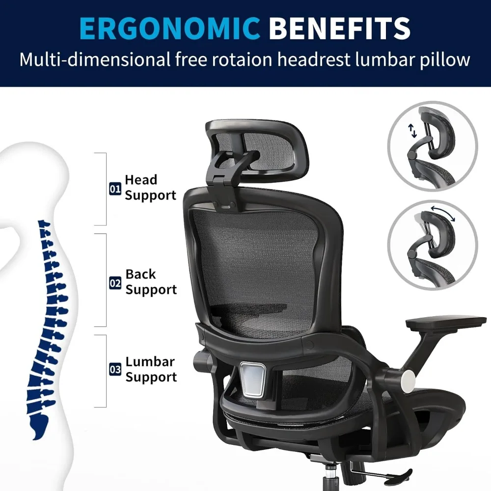 كرسي دوار مريح عالي الظهر مع دعم قطني ومسند للرأس، ارتفاع قابل للتعديل، وأذرع قابلة للطي، وميزة هزازة لـ Comf