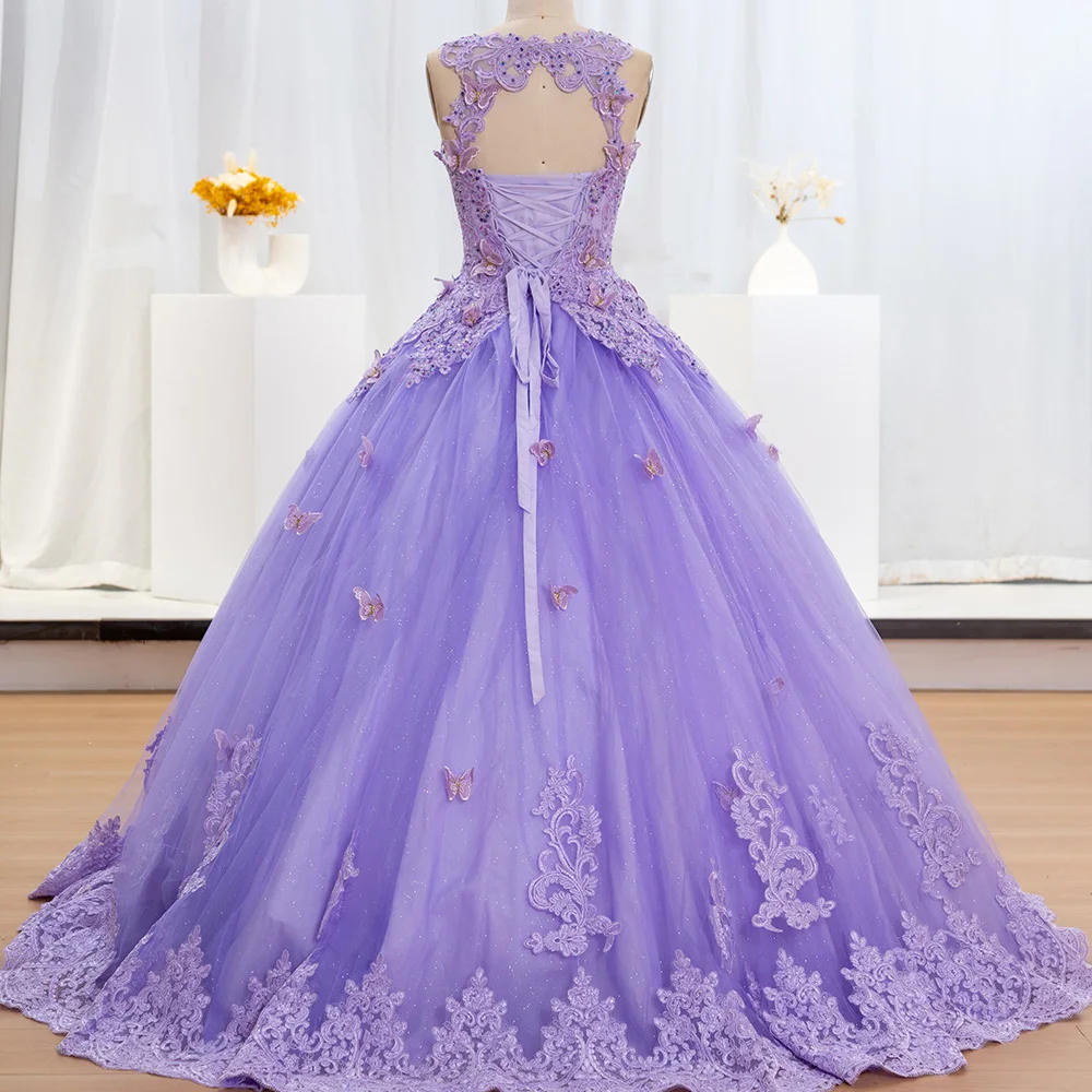 Purple Queen Quinceanera Dress Princess Sleeveless 3D Floral V-neck Lace Applique Ball Gown vestido 15 años quinceañera